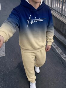 青少年男孩休閒極簡長袖連帽舒適衛衣2件套，適合秋冬，經典酷藍色與卡其色漸層圖案印花，經典帥氣手寫文字印花 - 彩色 - 查看 1