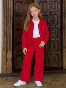Hapijoa Tween Girl Button Long Sleeve Jacket And Loose Long Pants Denim Set - Red - View 3
