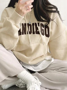 DAZY Women's Letter Print Drop Shoulder Long Sleeve Pocket Drawstring Hooded Regular Fit Sweatshirt - Apricot - View 2