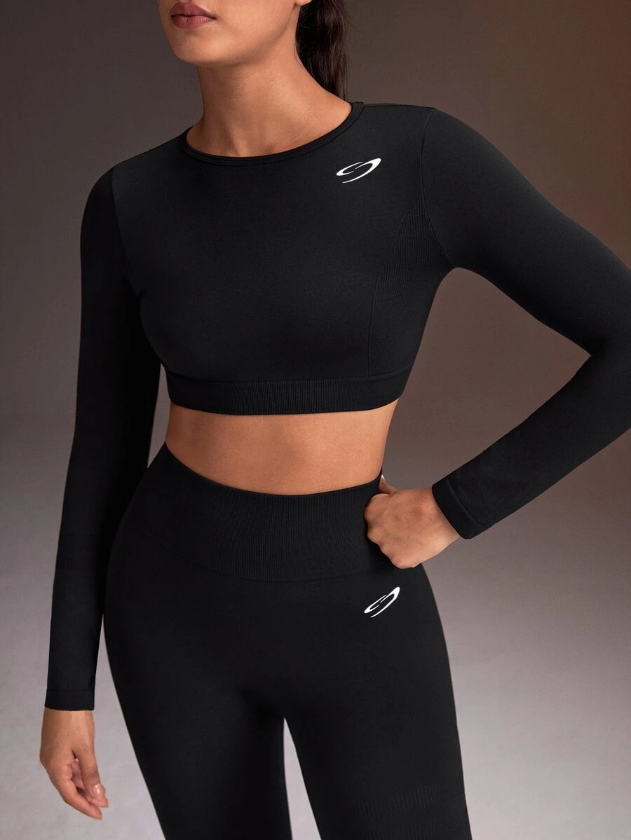 Powerista Women's Minimalist Long Sleeve Top And Fitted Leggings Sports Set - Black - View 1