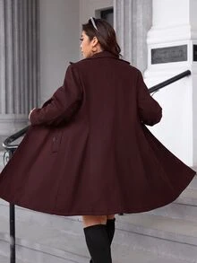 SHEIN Clasi 大尺碼女款優雅黑色冬季大衣，正式晚宴雙排扣長版夾克，絎縫內裡保暖防寒抽繩收腰辦公外套 - 酒紅色 - 查看 12