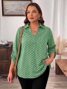 Easowa Curve Plus Size Leopard Print Mid-Sleeve Shirt - Olive Green - View 3