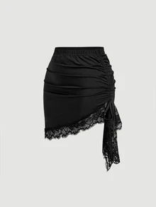 SHEIN MOD Plus Size Sexy Lace Patchwork Asymmetrical Hem Mini Skirt - Black - View 4