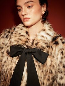 Arave Women Artificial Fur Coat Short Cinched Waist Sequin Neckline Big Bow Modern Brown Black Leopard Christmas Leopard Print Fur Coat Christmas - Multicolor - View 6