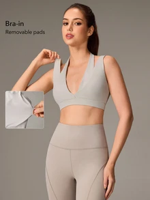 OutZeal Women Sports Bra Gym Workout Yoga Quick-Dry Bra-In Deep V Halter-Neck Bra - Light Grey - View 5