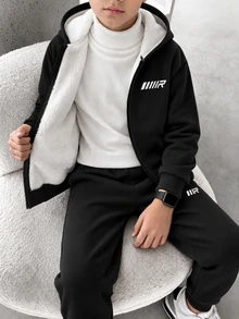SHEIN 兒童青少年男孩休閒運動百搭簡約寬鬆加厚保暖內裡連帽外套衛衣與慢跑長褲2件套，適合通勤上學日常休閒運動街頭風，秋冬款 - 黑色 - 查看 5