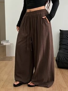 Coolane 女款大尺碼夏秋外出度假正裝休閒優雅波西米亞風套裝，棉質抽繩腰咖啡棕色長褲 - 咖啡棕 - 查看 7