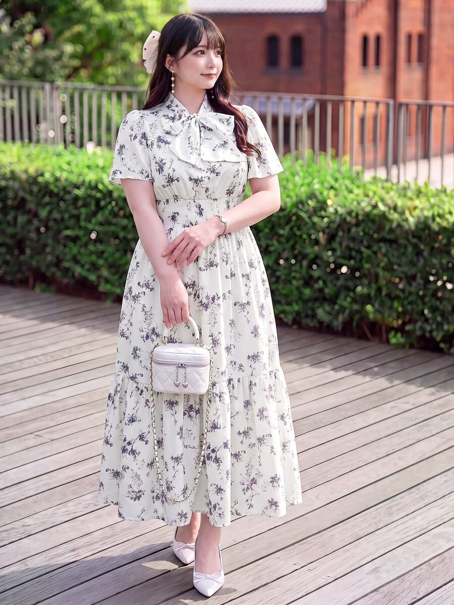Bijouette 大尺碼女款春夏碎花抽繩蝴蝶結裝飾喇叭裙,收腰修身百搭長洋裝 - 藍色 - 查看 1