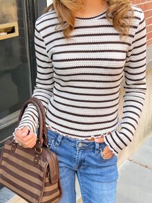 SHEIN Frenchy 女款條紋圓領長袖荷葉邊休閒T恤 - 彩色 - 查看 3