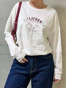 Dazy Plus Contrast Lace Design 2 In 1 Letter Print Loose Fit Korean Style White T-Shirt - White - View 6
