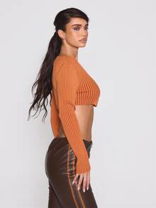 MUSERA Ribbed V Plunge Open Bar Trim Fastening Long Sleeve Super Cropped Knit Top Autumn Winter Fall Halloween Sexy Everyday Roadside Renegade - Orange - View 3