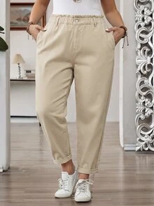 SHEIN CURVE+ 大尺碼女款休閒日常旅行牛仔褲，附口袋與鈕扣 - 卡其色 - 查看 4