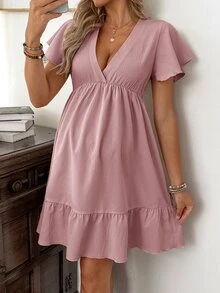 SHEIN 女款夏季中長版V領杏色荷葉袖百褶孕婦洋裝 - Rose Clay - 查看 5