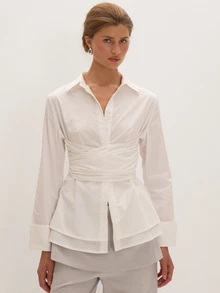 MUSEYN White Tie Waist Button Long Sleeve Fitted Shirt Versatile Lounge Everyday Date Night Chic New Season Fall - White - View 1