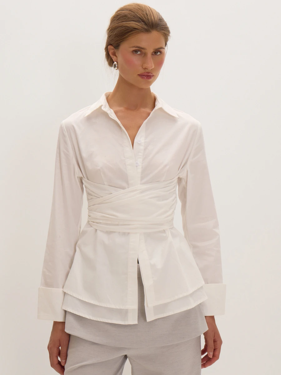 MUSEYN White Tie Waist Button Long Sleeve Fitted Shirt Versatile Lounge Everyday Date Night Chic New Season Fall - White - View 1