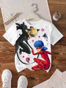 Miraculous Ladybug X SHEIN Tween Girl Anime Character Print Crew Neck Short Sleeve Casual T-Shirt - White - View 1