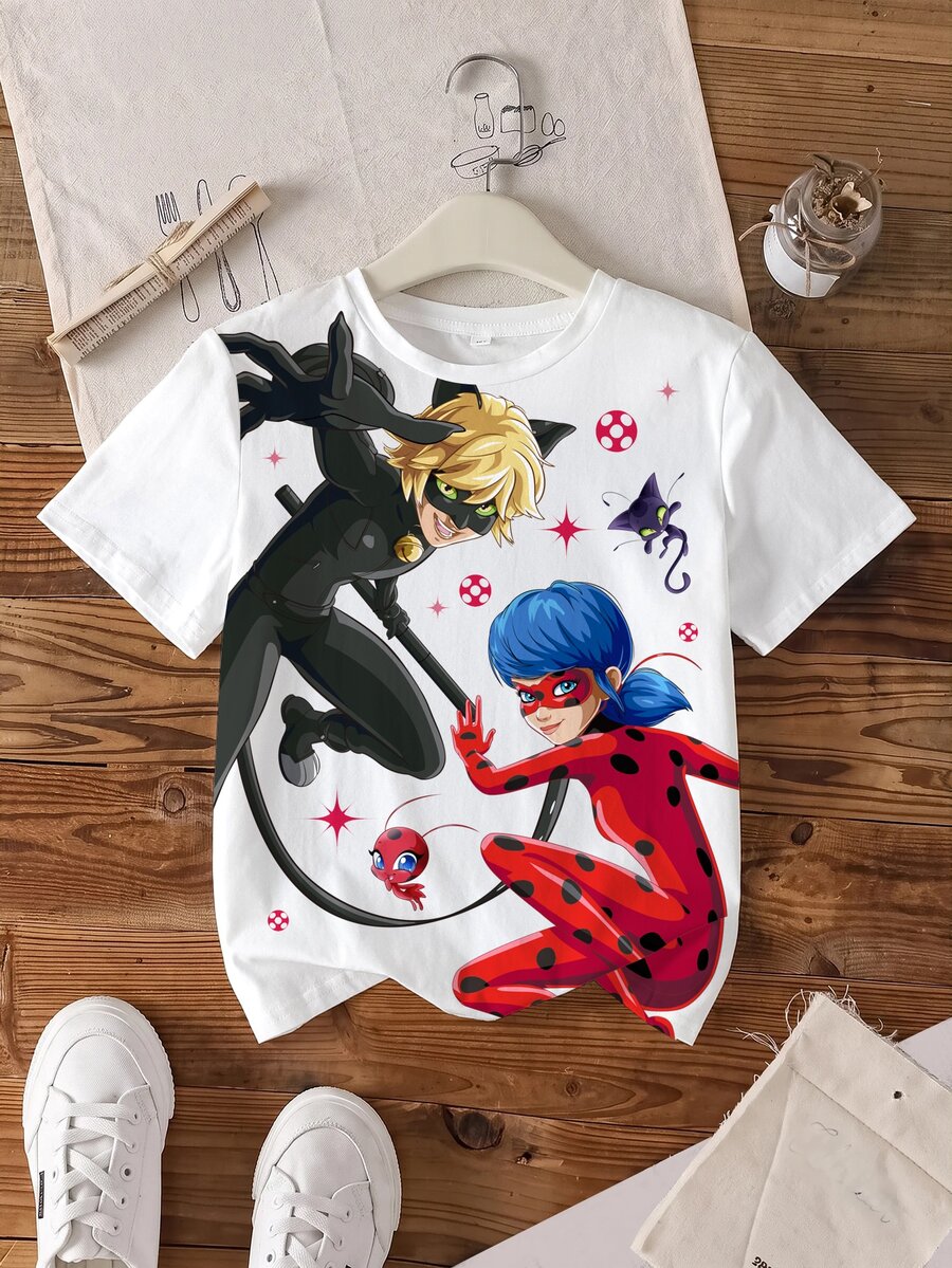 Miraculous Ladybug X SHEIN Tween Girl Anime Character Print Crew Neck Short Sleeve Casual T-Shirt - White - View 1