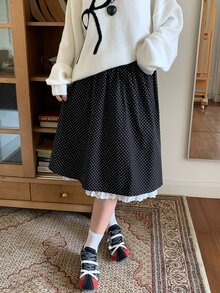 Dazy Plus Rok A-Line Gaya Korea Motif Polkadot Wanita Ukuran Besar dengan Trim Renda Kontras dan Pinggang Elastis - Navy Blue - View 8