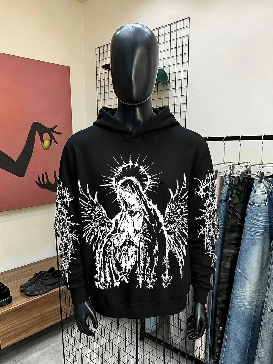 ZURIURI Men's Fashion Loose Fit Goddess Print Coffee Brown Hoodie Sweatshirt - Black - View 1