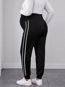 SHEIN Black Cuffed Knit Maternity Pants With White Striped Patchwork, Casual Daily Spring/Autumn Comfortable Plus Size Trousers - Black - View 2