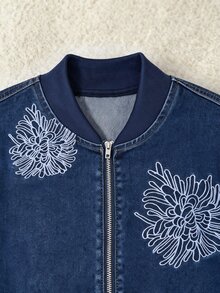 GlowEve Fall Casual Vintage Loose Zip Up Embroidered Flower Blue Denim Going Out Denim Top For Women - Blue - View 2
