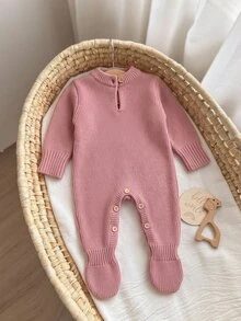 SHEIN 新生兒嬰兒蝴蝶結裝飾長袖可愛針織連身衣 - 粉色 - 查看 9