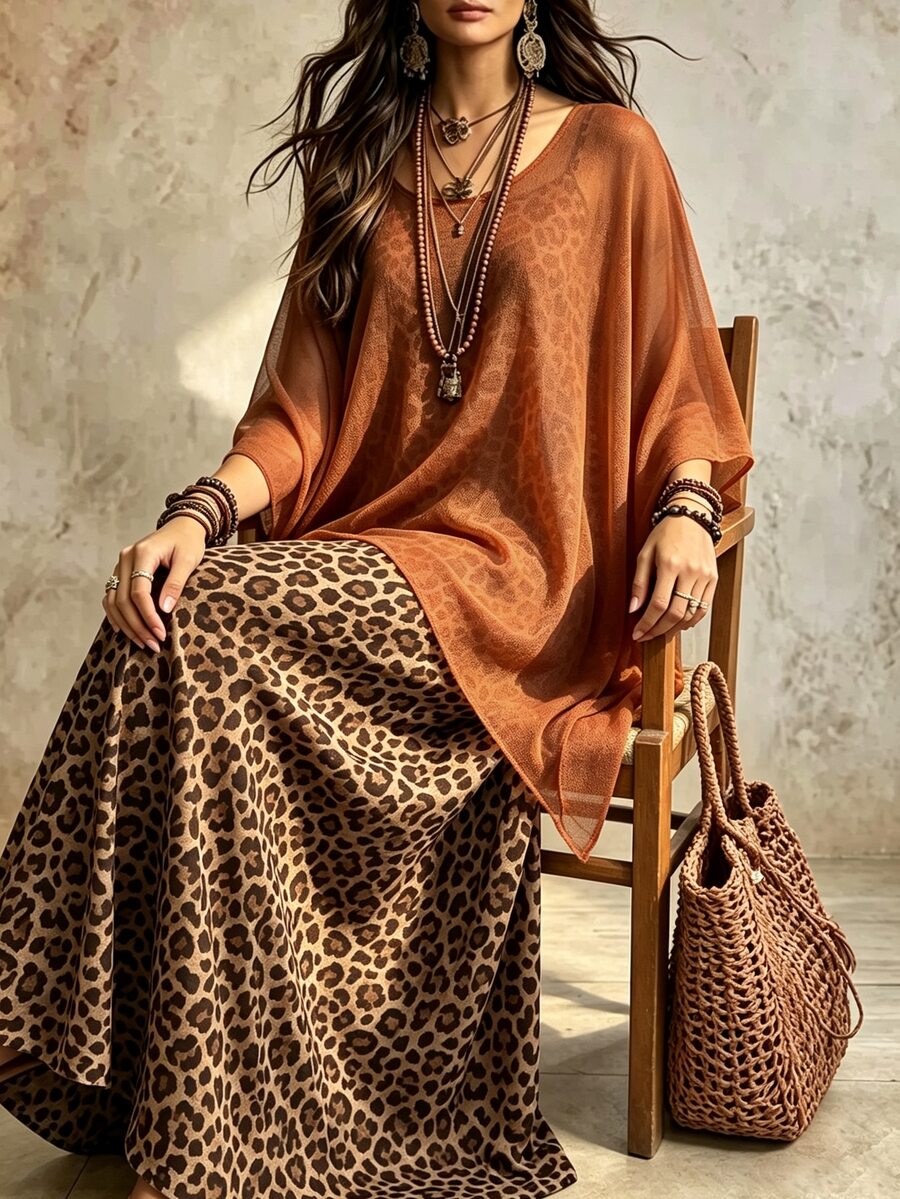 Linhara CURVE Plus Size Women Solid Color Batwing Sleeve Asymmetric Hem Top And Leopard Print Camisole Dress Casual 2 Pieces Set - Orange - View 1