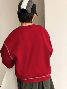 SHEIN Little Byeori 兒童青少年男孩休閒韓系寬鬆撞色圓領運動衫，適合學校、日常休閒穿著、運動，秋冬款 - 紅色 - 查看 2