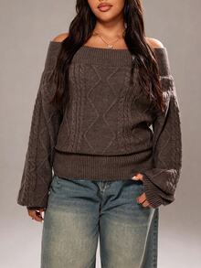 Rustia Plus Size Solid Color Off-Shoulder Sweater Pullover Top, Autumn/Winter - Rust Brown - View 5