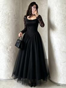 Modelyn French Square Neck Lace Patchwork Long Sleeve Slim Fit Flattering Mesh Elegant Evening Dress For Women - Black - View 2