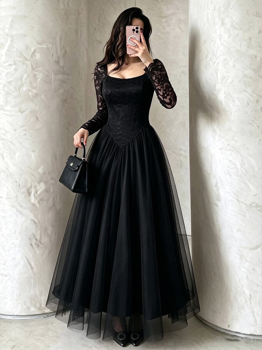 Modelyn French Square Neck Lace Patchwork Long Sleeve Slim Fit Flattering Mesh Elegant Evening Dress For Women