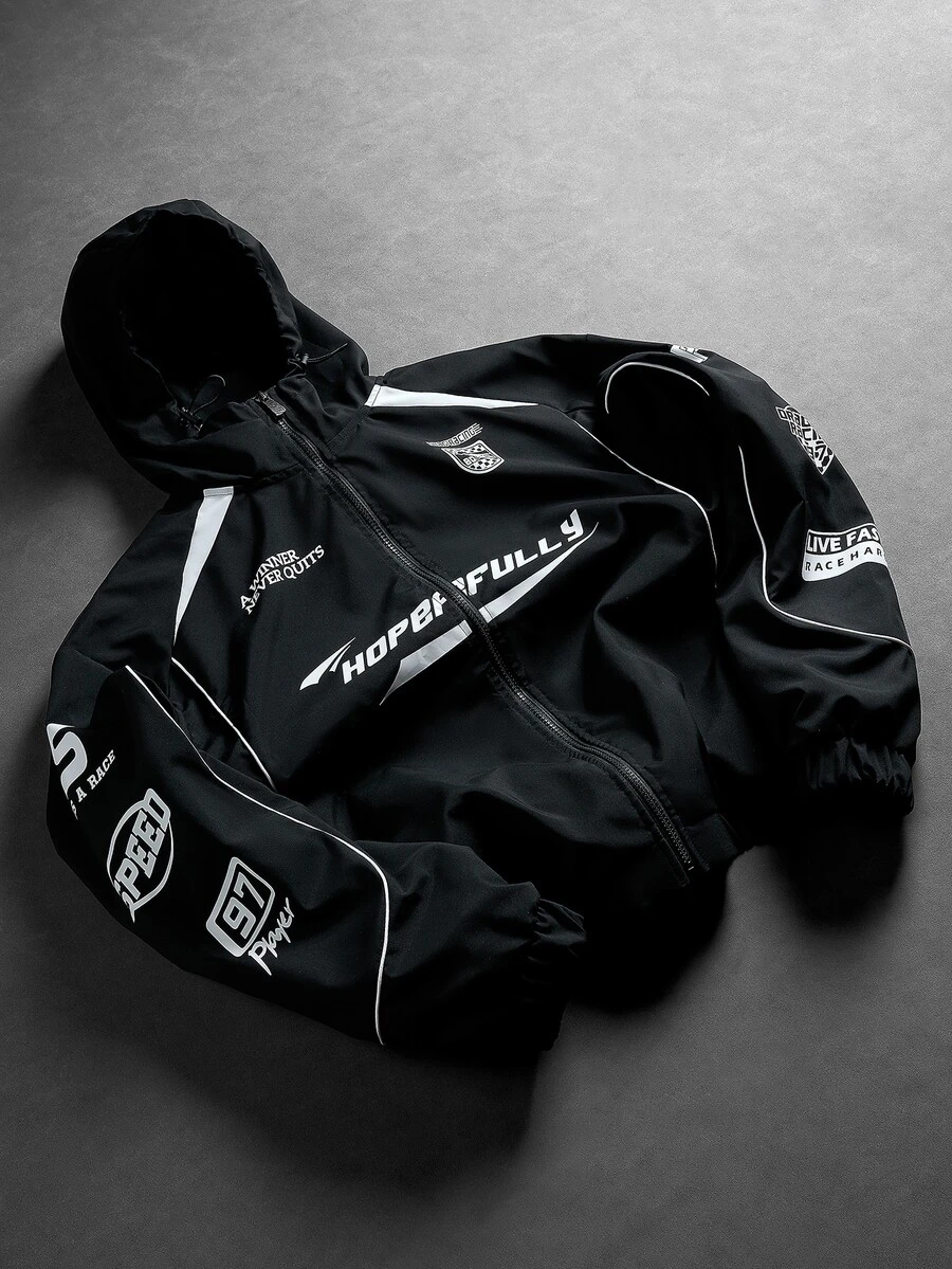 Manfinity Roghcode Men's Vintage Racing Theme Hooded Jacket, Contrast Stitching Woven Loose Fit Zip-Up Outerwear, Casual Streetwear Top - Black - View 1