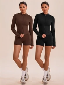VARSIVA Women's 4-Piece Zipper Waist-Cinched Long Sleeve Top And Shorts Sports Set - Multicolor - View 4
