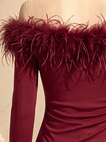 GlowEve Fashionable New Autumn/Winter Elegant Off-Shoulder Long Sleeve Fur Patchwork Women's T-Shirt - Burgundy - View 3