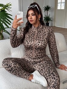 SHEIN EZwear Plus Size Women Leopard Print Inner Layer And Long Sleeve Top And Leggings Casual Daily Outfit Set - Brown - View 3