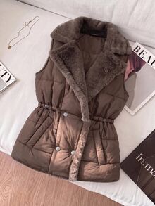 SHEIN Clasi Women's Solid Color Faux Fur Collar Adjustable Waist Winter Padded Vest Jacket - Coffee Brown - View 4