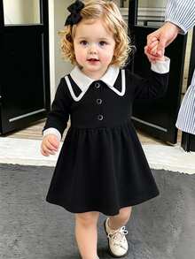 SHEIN Baby GirlAcademy Style Black & White Long Sleeve Collared Dress - Black - View 7