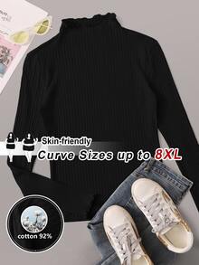 SHEIN CURVE+ Atasan Turtleneck Rajut Bergaris Pas Badan untuk Wanita Ukuran Besar, Kaos Campuran Katun untuk Musim Gugur/Dingin, Cocok untuk Ukuran 5XL-8XL - Hitam - View 5