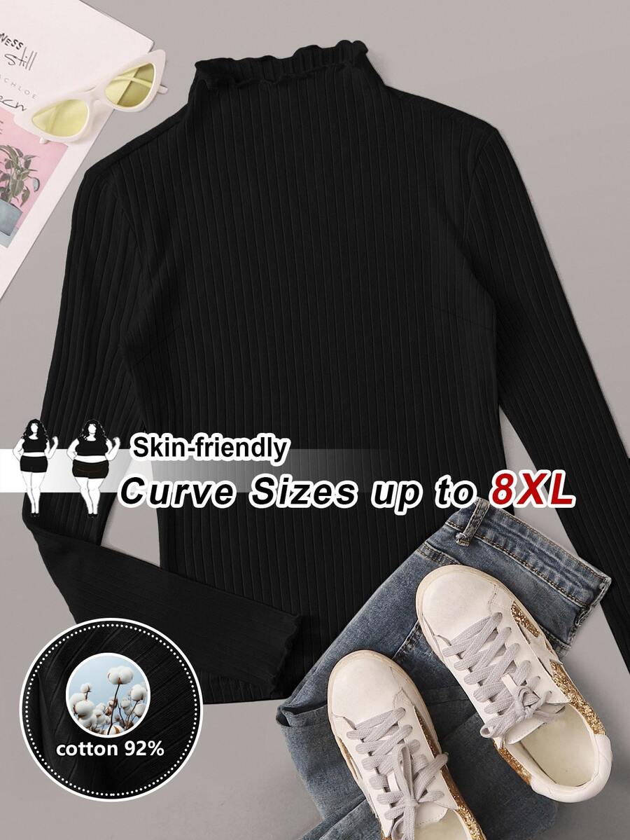 SHEIN CURVE+ Plus Size Women's Ribbed Knit Fitted Basic Turtleneck Top, Cotton Blend T-Shirt For Autumn/Winter, Suitable For 5XL-8XL - Black - View 1