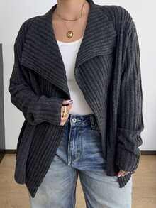 POPSWAY Plus Size Casual Waterfall Collar Ribbed Knit Cardigan, Loose Long Sleeve OpenFront Solid Dark Grey Knitted Jacket - Grey - View 1