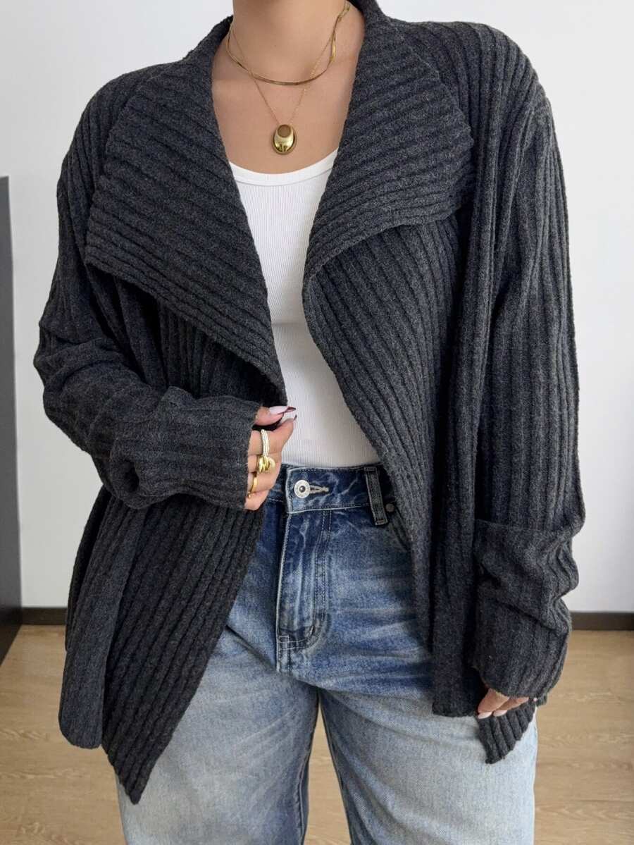 POPSWAY Plus Size Casual Waterfall Collar Ribbed Knit Cardigan, Loose Long Sleeve OpenFront Solid Dark Grey Knitted Jacket - Grey - View 1