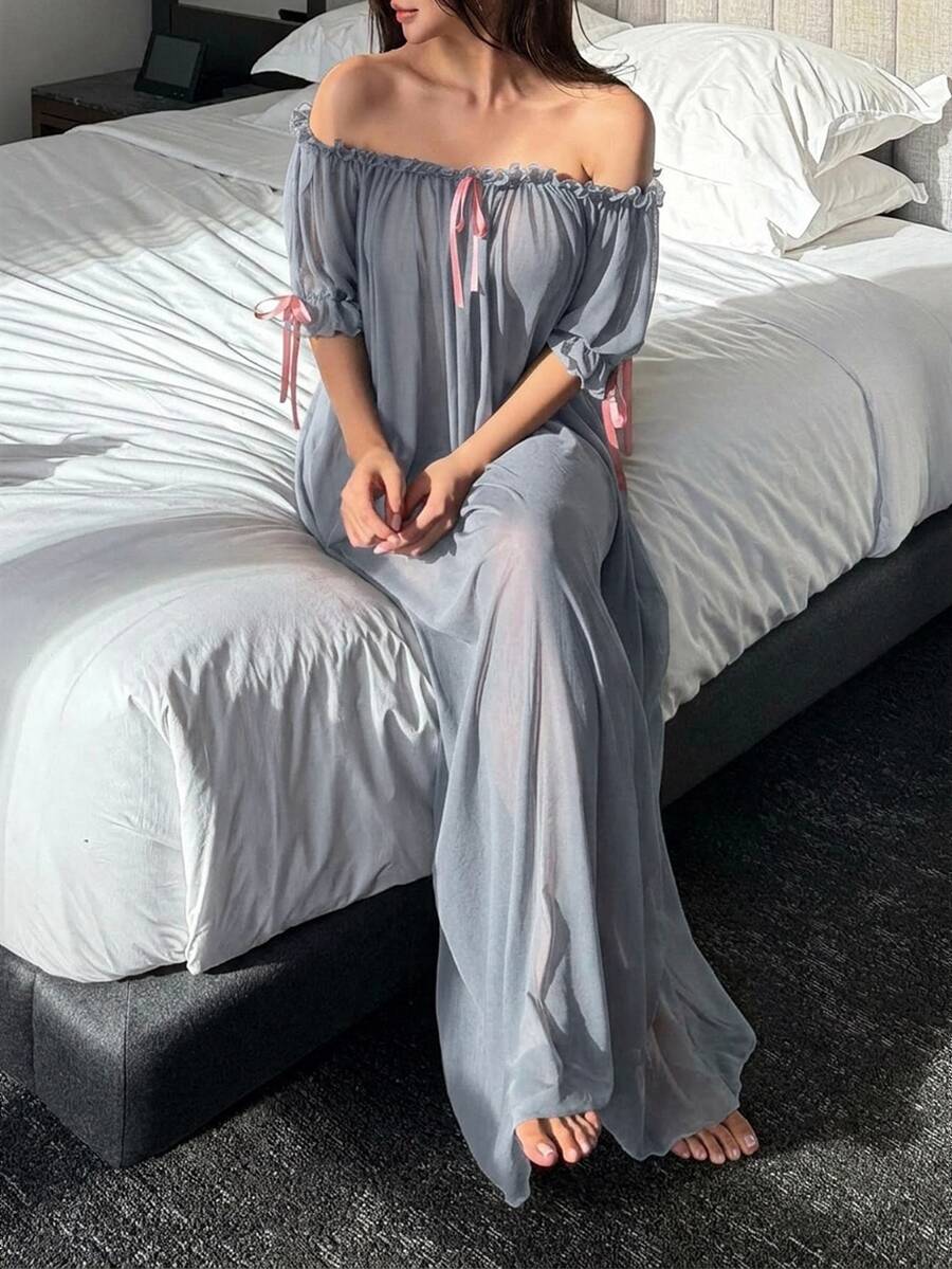 DAZY Charming Sheer Mesh Off-Shoulder Ruffle Hem Long Sexy Nightgown For Women - Baby Blue - View 1