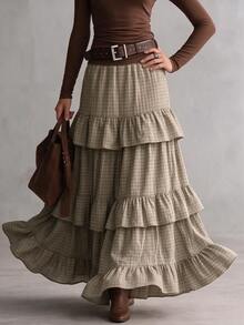 INAWLY Solva Women's Plaid Pleated Casual Versatile Skirt - Khaki - View 5