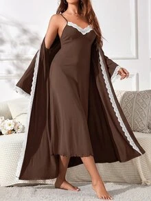 SHEIN 女款對比蕾絲長袖晨袍與細肩帶睡裙居家服套裝 - 咖啡棕 - 查看 3