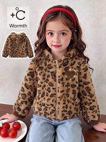 SHEIN Genkimix Kids 女童秋冬休閒時尚豹紋抓絨拉鍊連帽外套開襟衫 - 棕色 - 查看 7