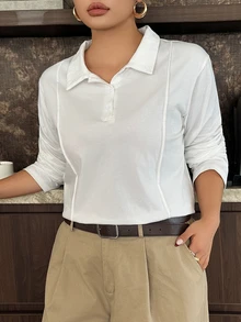 Dazy Plus Minimalist Half-Button Front Casual White Long Sleeve Versatile T-Shirt - White - View 8