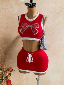 Soleia Women's Bow Pattern Top And Mini Skirt Fashion Knit Two Pieces Set - Red - View 5