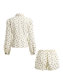 ROMWE Kawaii Women's Cute Polka Dot Denim Set - Beige - View 2
