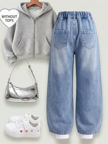 Tween Girls' Vintage Casual Fashion Blue Washed Distressed Ripped Patchwork Heart Embroidery Straight Leg Jeans, Vacation Style, Back To School, Autumn/Winter, All Season Essential - Medium Wash - View 2