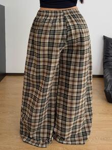 POPSWAY Plus Size Women's Elastic Waist Wide Leg Loose Casual Plaid Pants - Multicolor - View 2